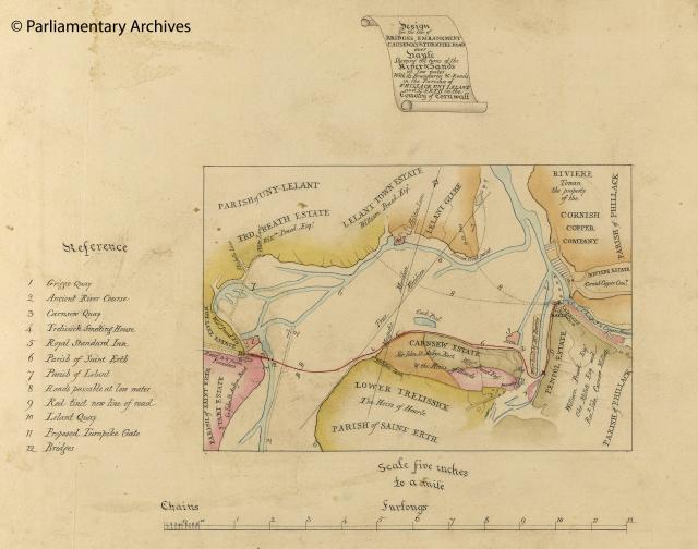 1825 plan of Hayle in Cornwall, showing the design for bridges, a turnpike road and an embankment causeway
